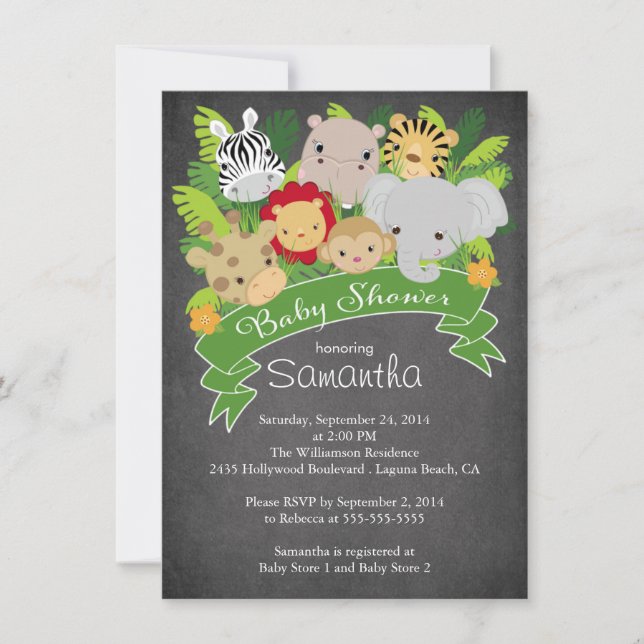 Invitation Chalkboard moderne Jungle Safari Baby shower anima (Devant)