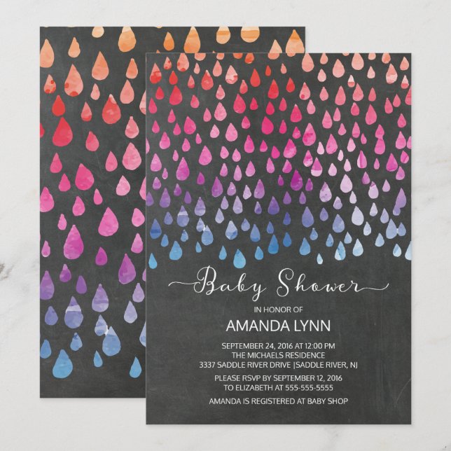 Invitation Chalkboard moderne Raindrops Baby shower neutre (Devant / Derrière)