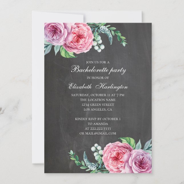 Invitation Chalkboard moderne rose floral bachelortie (Devant)