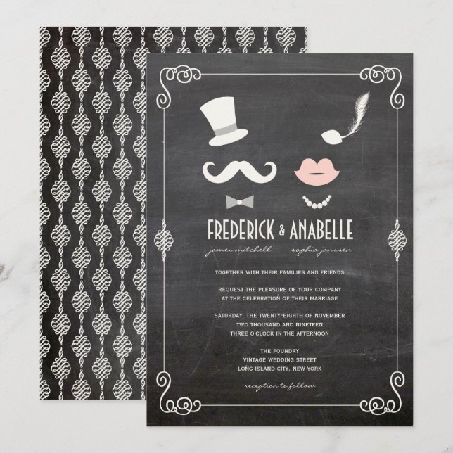 Invitation Chalkboard Mustache Et Lèvres Vintage Chic Mariage (Devant / Derrière)