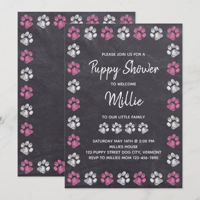 Invitation Chalkboard Nouveau animal rose chien Chien Chien C (Devant / Derrière)