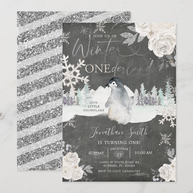 Invitation Chalkboard Penguin Winter Onederland 1er anniversa (Devant / Derrière)