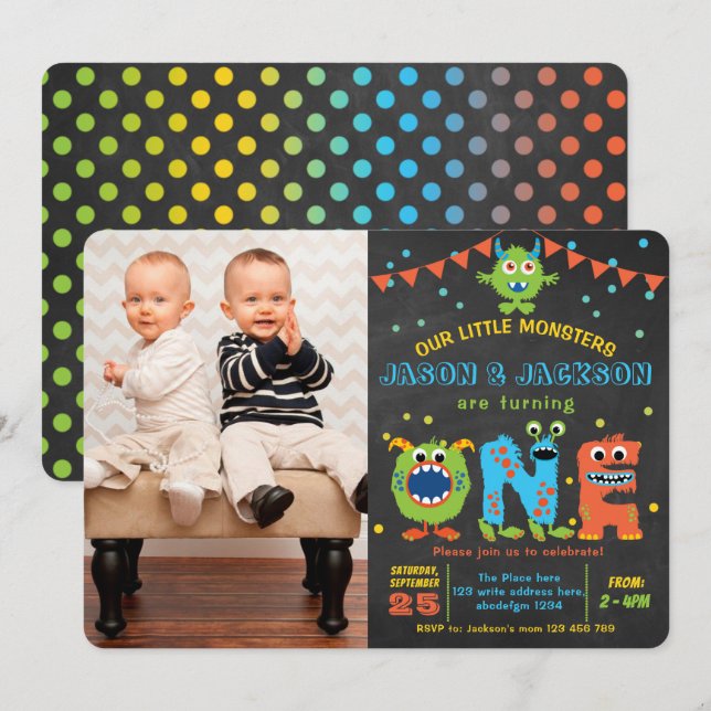 Invitation Chalkboard petits jumeaux monstre 1ère fête d'anni (Devant / Derrière)
