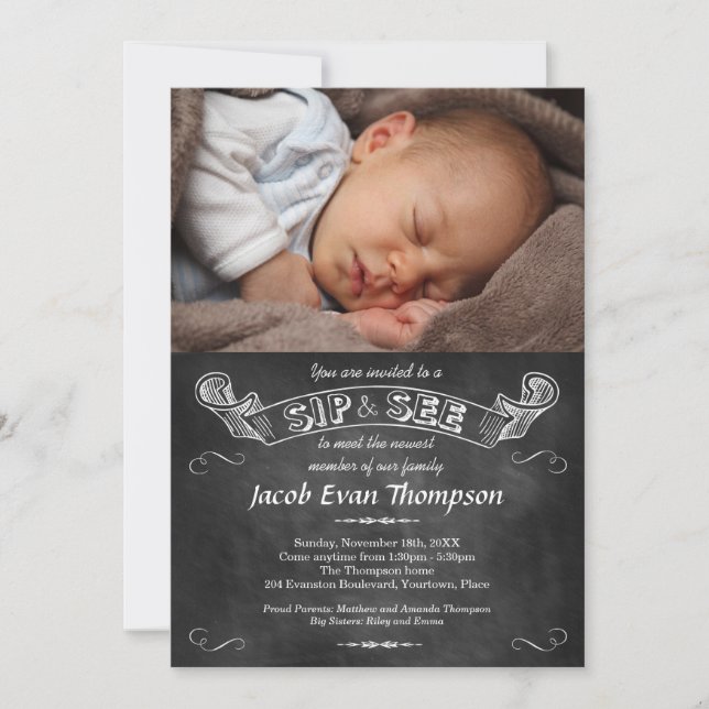 Invitation Chalkboard Photo Sip et voir la fête (Devant)