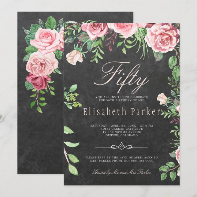 Invitation Chalkboard Pink Floral Garden 50e fête d'anniversa (Devant / Derrière)