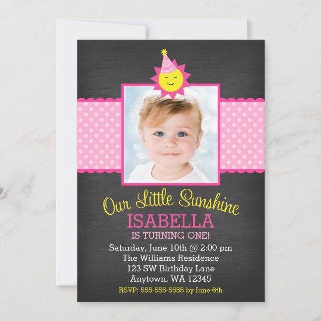 Invitation Chalkboard Pink Sunshine 1er Anniversaire Photo (Devant)