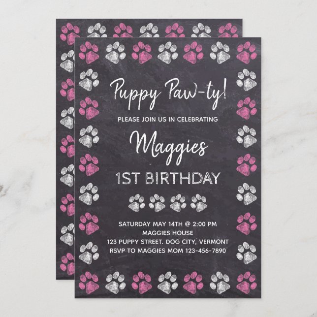 Invitation Chalkboard Puppy Pawty Chien Anniversaire (Devant / Derrière)