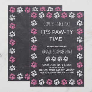 Invitation Chalkboard Puppy Pawty Pink Chien Anniversaire