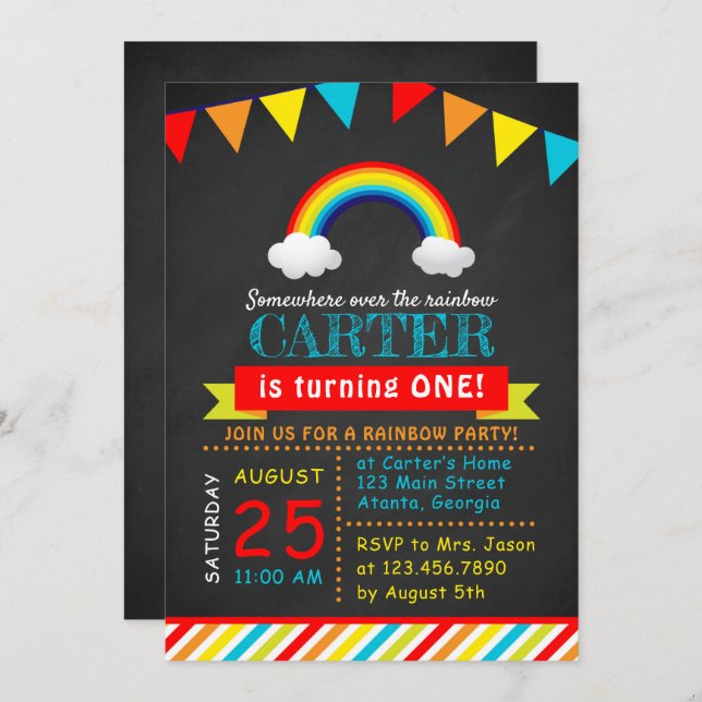 Invitation Chalkboard Rainbow fête d'anniversaire (Devant / Derrière)