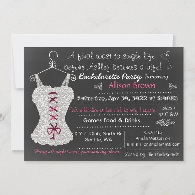 Invitation Chalkboard rose dentelle Lingerie Douche Bachelore (Devant)