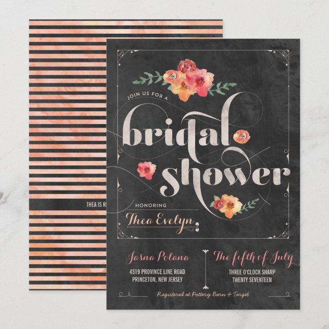 Invitation Chalkboard Rustique Floral Bridal Showboat Invitat (Devant / Derrière)