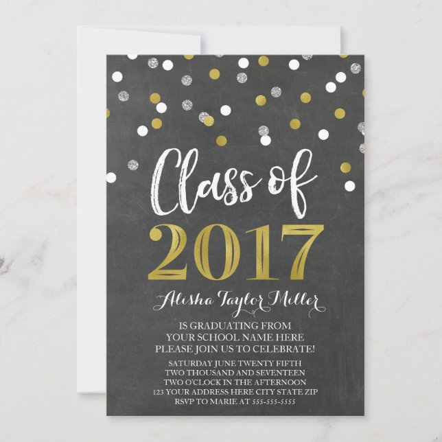 Invitation Chalkboard Silver Gold Confetti Graduation Party (Devant)