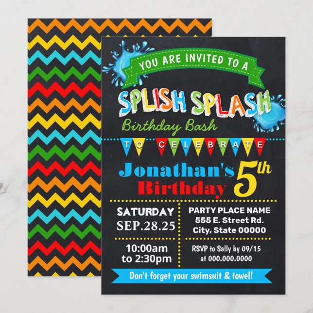 Invitation Chalkboard Splish fête d'anniversaire de naissance (Devant / Derrière)