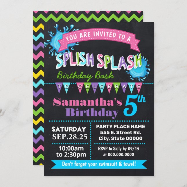 Invitation Chalkboard Splish splash fête d'anniversaire bash  (Devant / Derrière)