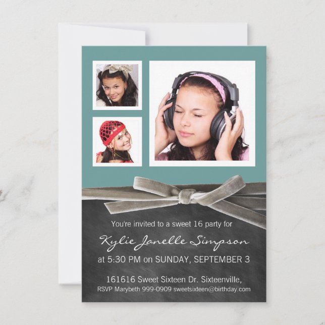 Invitation Chalkboard Sweet 16 avec 3 photos (Devant)