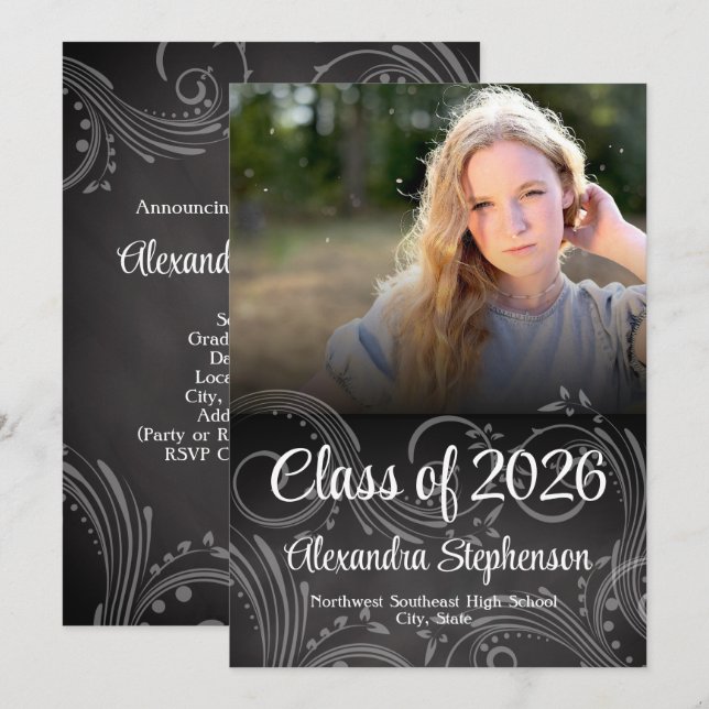 Invitation Chalkboard Swirl Class of 2025 Photo Graduation (Devant / Derrière)