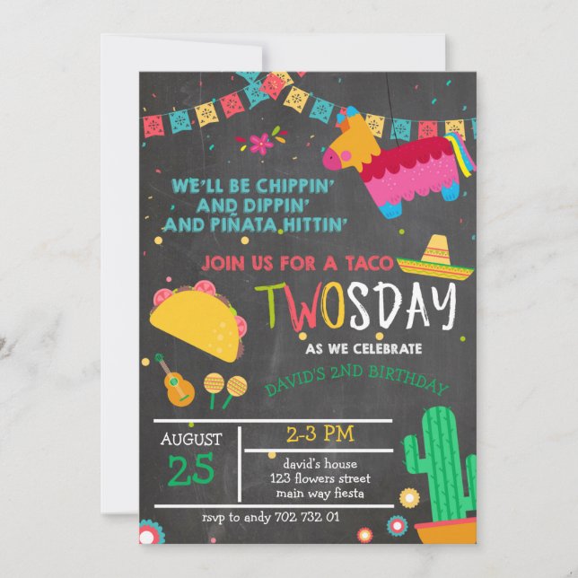 Invitation Chalkboard Taco Deux jours Pinata Fiesta 2e annive (Devant)