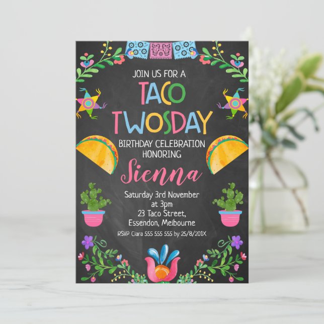 Invitation Chalkboard Taco Twosday Mexicaine 2e anniversaire (Debout devant)