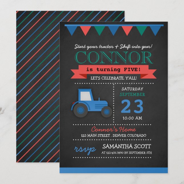 Invitation Chalkboard Tractor/Farm Anniversaire Fête Invitati (Devant / Derrière)