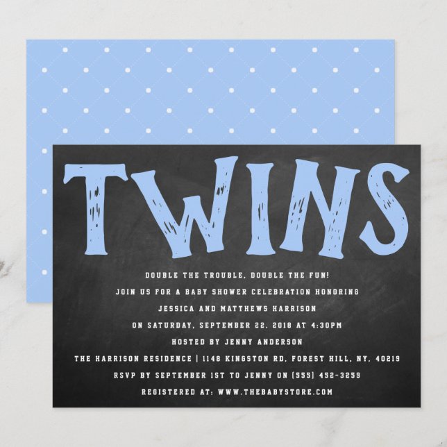 Invitation Chalkboard Typographie Twin Boys Baby shower (Devant / Derrière)