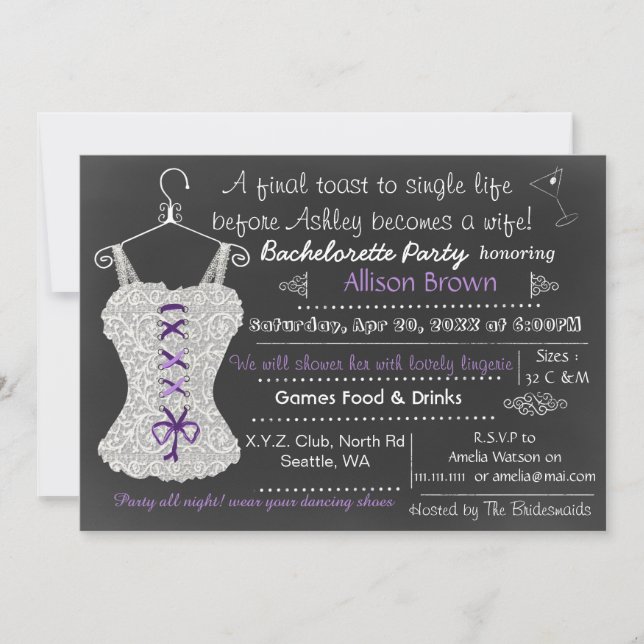 Invitation Chalkboard violet Lingerie Douche Bachelorette (Devant)