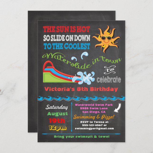 Invitation Chalkboard Water Diapo Pool fête (Devant / Derrière)