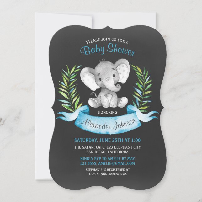 Invitation Chalkboard Watercolor Elephant Boy Baby shower (Devant)