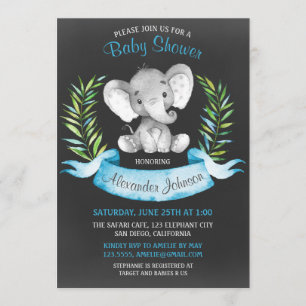 Invitation Chalkboard Watercolor Elephant Boy Baby shower
