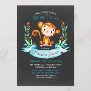 Invitation Chalkboard Watercolor Monkey Boy Baby shower