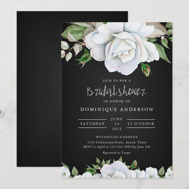Invitation Chalkboard White roses nuptiale douche (Devant / Derrière)