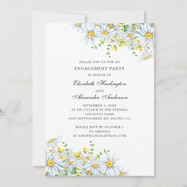 Invitation Chamomille aquarelle. Fête de fiançailles florales (Devant)
