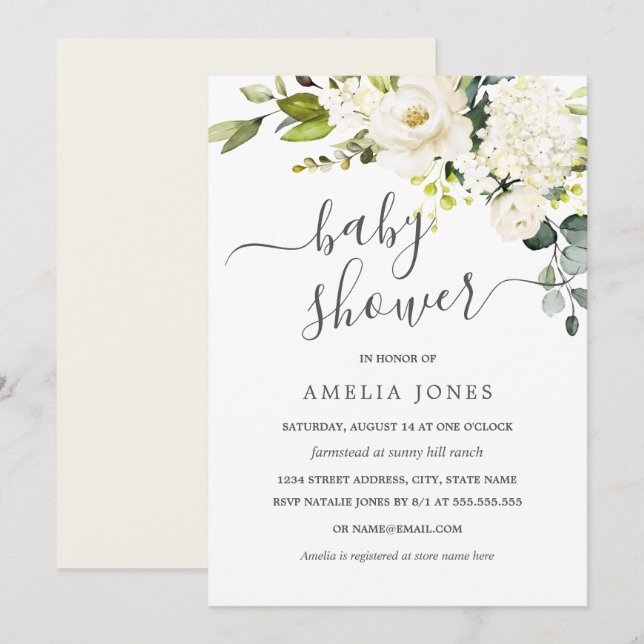 Invitation Champagne Aquarelle Baby shower Floral (Devant / Derrière)