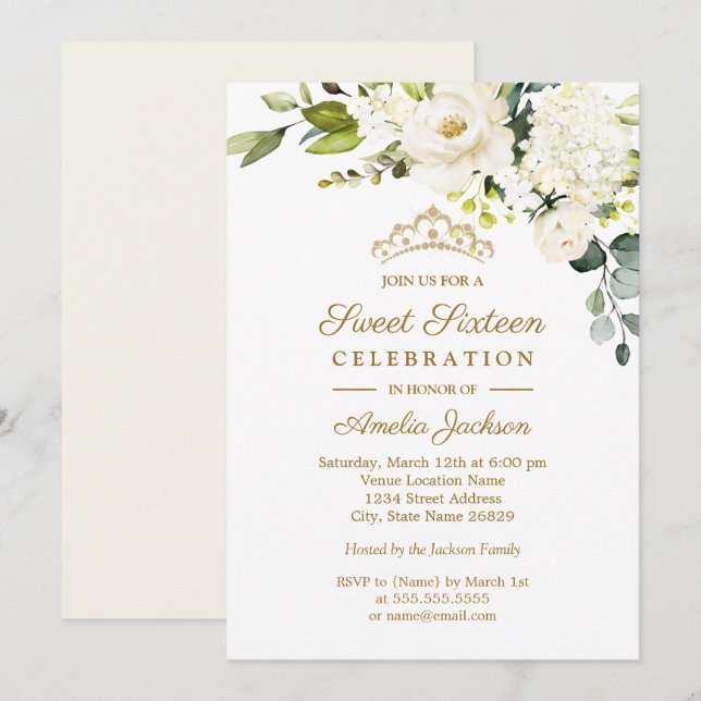 Invitation Champagne Aquarelle Floral Sweet 16 Party (Devant / Derrière)