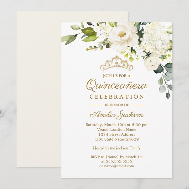 Invitation Champagne Aquarelle Quinceanera Florale (Devant / Derrière)