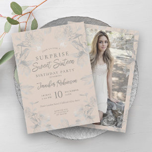Invitation Champagne Argent Floral Photo SURPRISE Sweet 16