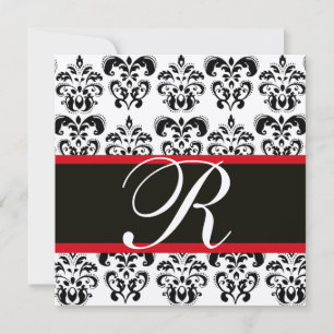 Invitation CHAMPAGNE & BLACK RED DAMASK MONOGRAM, blanc