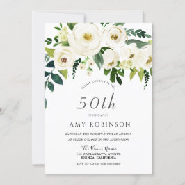 Invitation Champagne Blanc Floral Élégant 50ème anniversaire