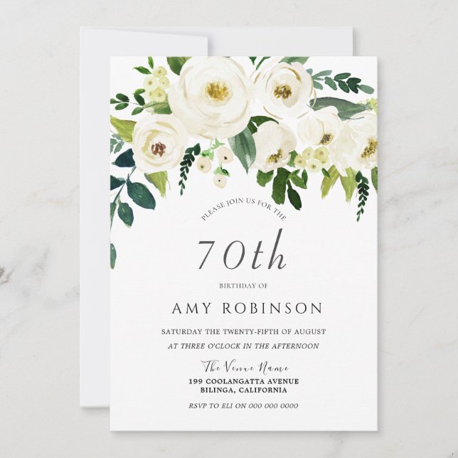Invitation Champagne Blanc Floral Élégant 70ème anniversaire (Devant)