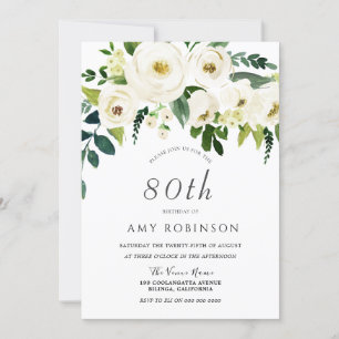 Invitation Champagne Blanc Floral Élégant 80e anniversaire