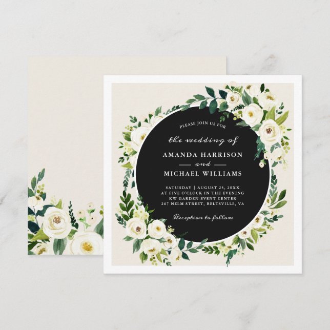Invitation Champagne Blanc Vert Floral Carré Mariage (Devant / Derrière)