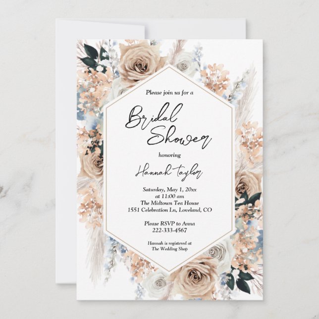 Invitation Champagne bleu Dusty Fête des mariées Boho Floral (Devant)