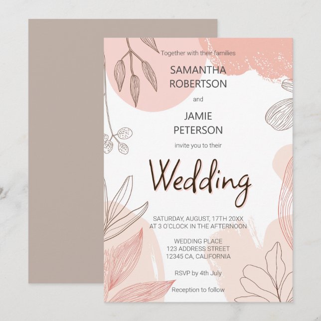 Invitation Champagne Blush Rose - Mariage floral à main (Devant / Derrière)