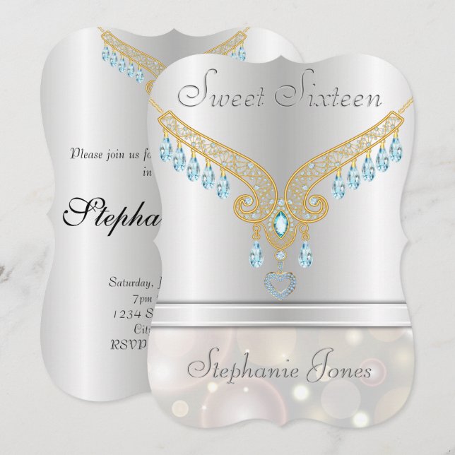 Invitation Champagne Bokeh Aquamarine Sweet sixteen (Devant / Derrière)