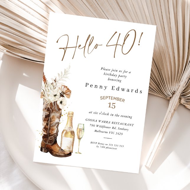 Invitation Champagne Boot Rustique Floral Cowgirl 40e anniver (Western Cowgirl 40th Birthday Invitation, Hello 40 Cowgirl Boot Birthday Invitation, Boho Floral)