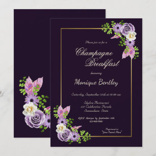 Invitation Champagne Bordure d'or violet Floral Petit déjeune