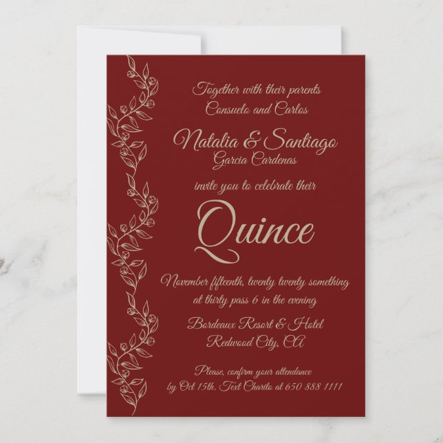 Invitation Champagne Bourgogne Twin Boy Girl Fiesta de Quince (Devant)