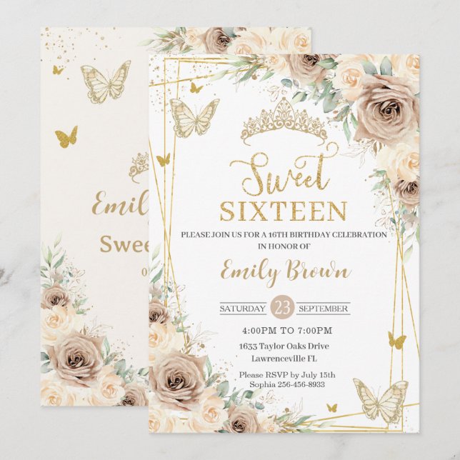 Invitation Champagne Brown papillons floraux Sweet sixteen (Devant / Derrière)