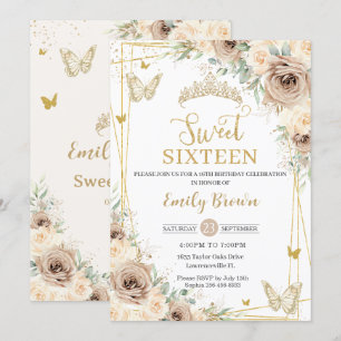 Invitation Champagne Brown papillons floraux Sweet sixteen