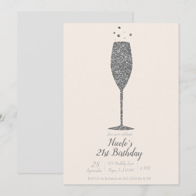 Invitation Champagne Bubbly Parties scintillant d'argent fête (Devant / Derrière)