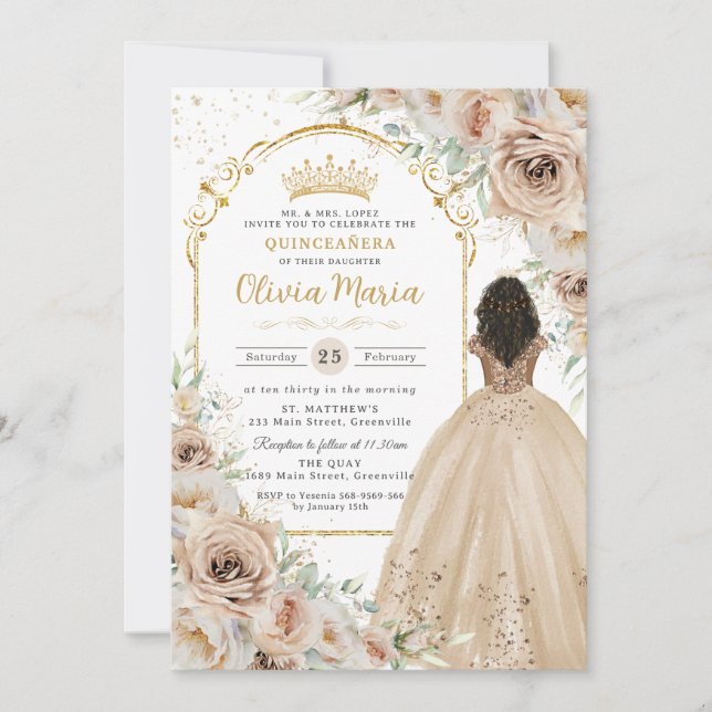 Invitation Champagne Crème Beige Florale Princesse Quinceañer (Devant)